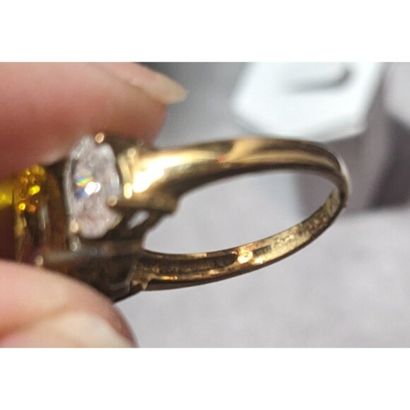Brilliant Three Stone Sterling Silver Gold Tone Plated Engagement Ring Size 7 - Picture 9 of 16